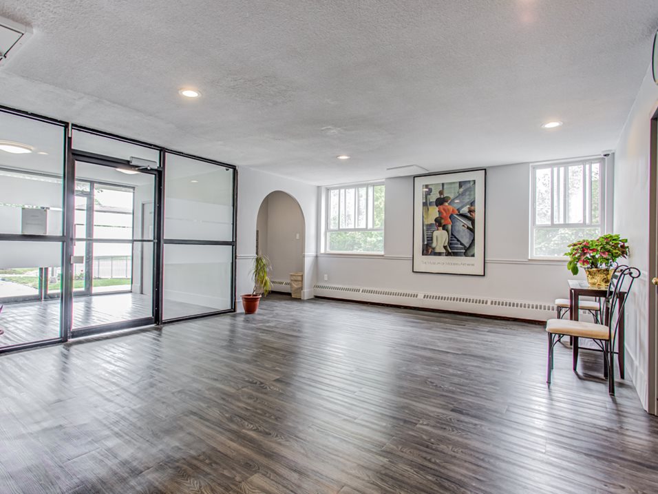 Bright, airy, minimal styling for entry and lobby at 2740 Jane.